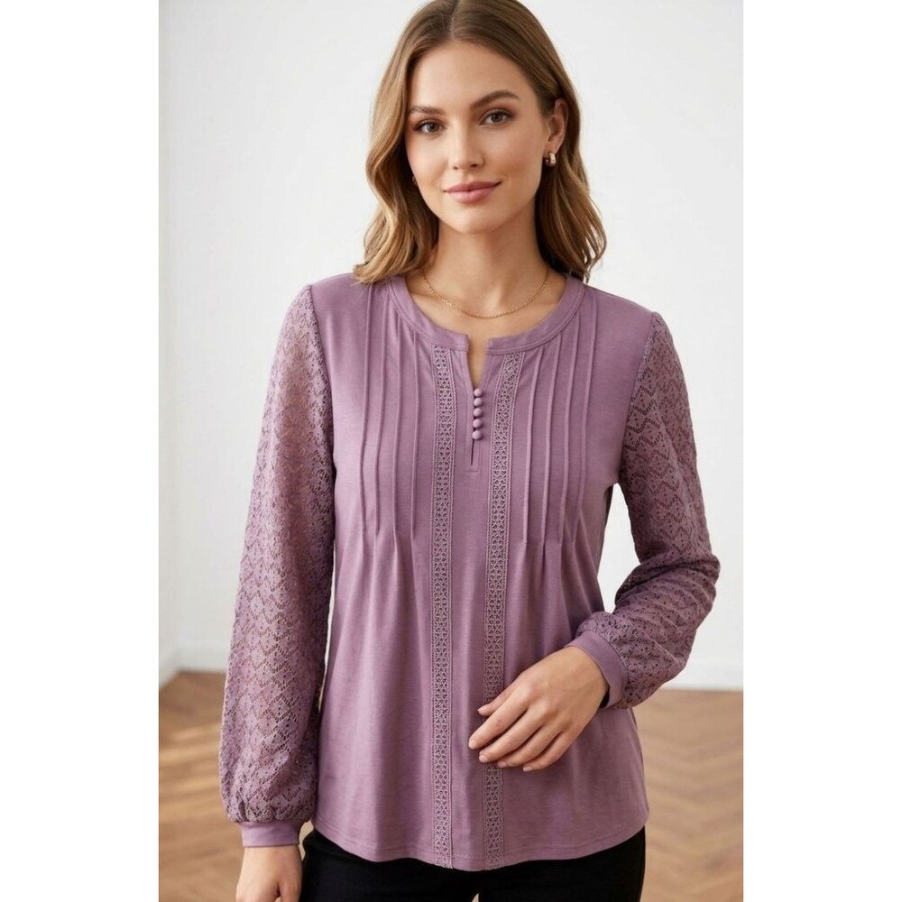 NWT Missky Mauve Purple Lace Sleeve Pleated Henley Blouse - XL NWT